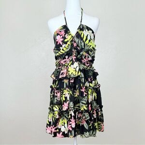 NWT Nicole Miller Presley Chiffon Tiered Tropical Floral Chiffon Halter Dress 12